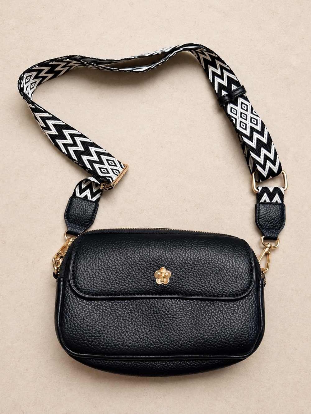 Black Pebbled Crossbody Bag with Decorative Strap
